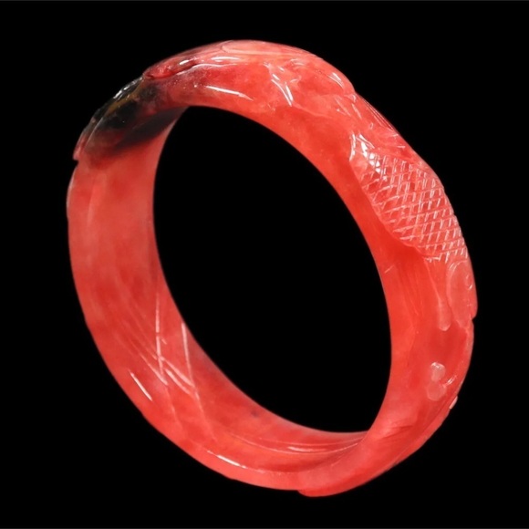Rare Red Jadeite Jade Hand Carved 62mm Lotus Flower Ruyi Fish Bangle Bracelet - Picture 7 of 8
